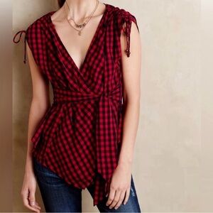 Anthropologie HOLDING HORSES Red and Black Plaid Wrap Blouse Women's size 6